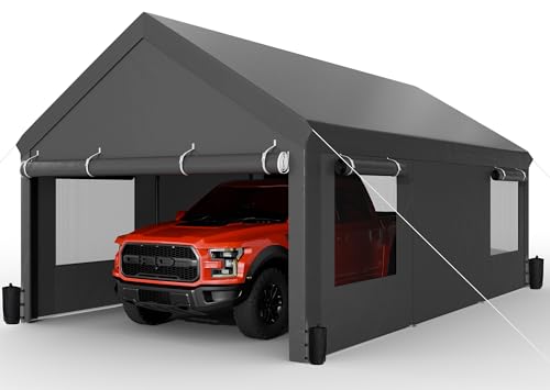 Portable Heavy Duty 12x20 ft Carport with Roll-up Windows & Removable Doors