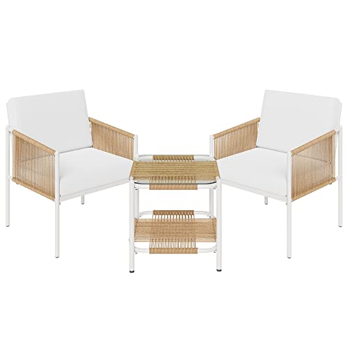 3-Piece Rattan Outdoor Patio Furniture Set with Cushions & Glass Table