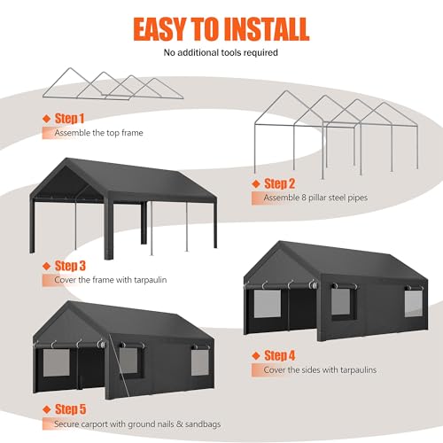 Portable Heavy Duty 12x20 ft Carport with Roll-up Windows & Removable Doors