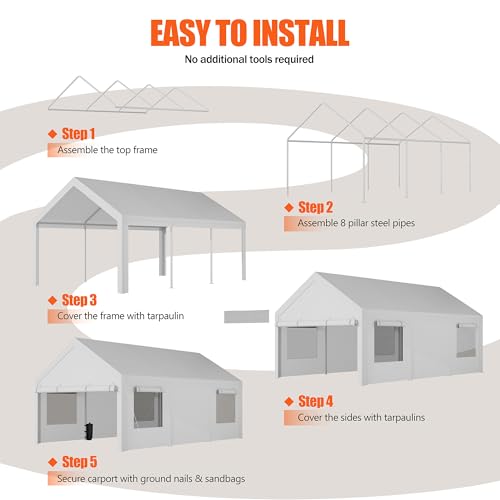 BRYOLE 12x20 ft Heavy Duty Portable Carport with Roll-up Windows and Removable Sidewalls