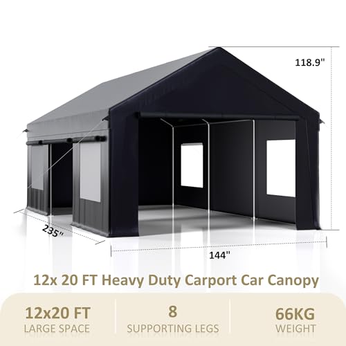 Black Heavy-Duty 12' x 20' Portable Garage with Side Door & Roll-Up Windows