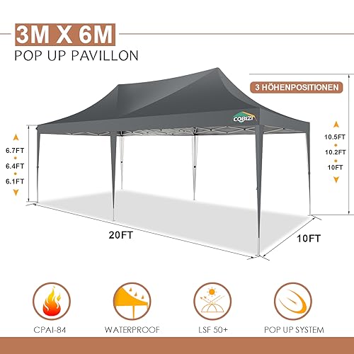 COBIZI Adjustable Height 10x20 Pop Up Tent, Gray