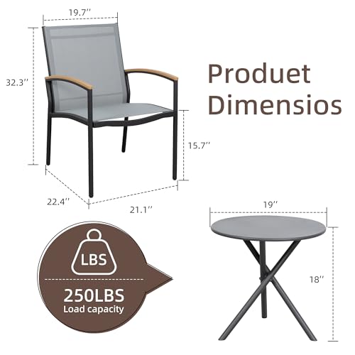 Shintenchi Grey 3-Piece Textilene Outdoor Bistro Set for Patio and Garden