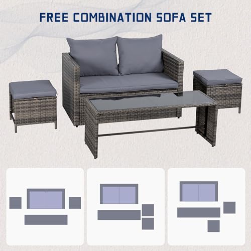 BRYOLE Grey Outdoor Loveseat Patio Set with Ottoman and Coffee Table