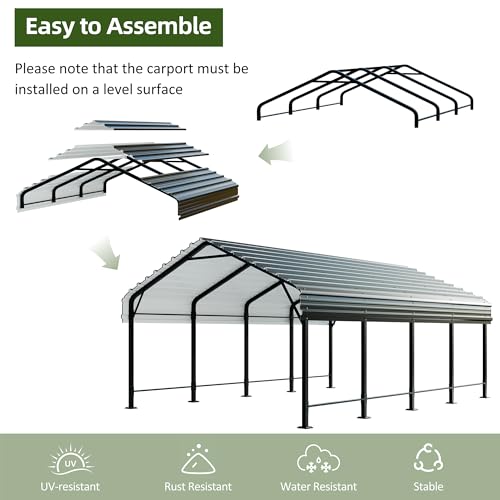 12x20 FT Galvanized Steel Roof Heavy Duty Carport Canopy - Upgraded Garage for Cars, Tractors, Pickup, Boat