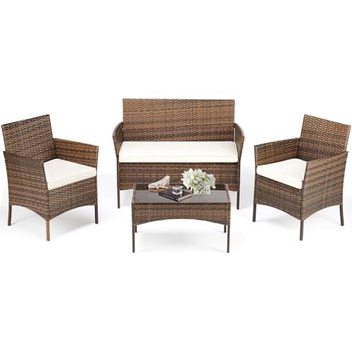 DUMOS Brown and Beige 4-Piece Rattan Furniture Set with Coffee Table