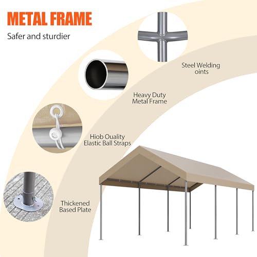 Khaki 10x20 ft Heavy Duty Carport Canopy for Cars, Boats, and Shelters