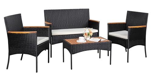 Black/Beige 4-Piece Patio Conversation Set with Cushions
