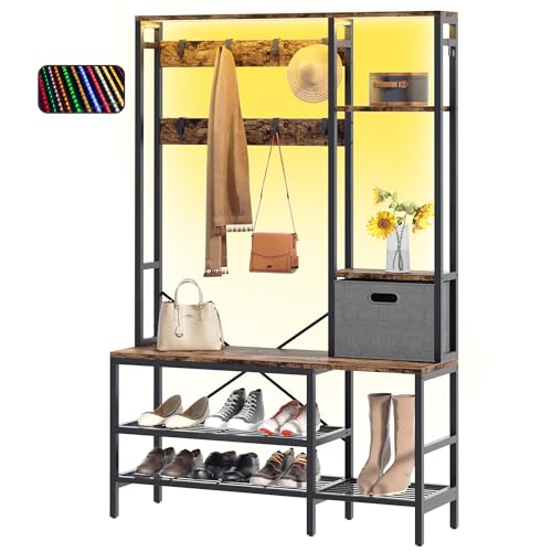 BRYOLE Rustic Brown Entryway Hall Tree with LED Lights, Shoe Storage, and Coat Hooks