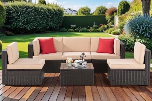 BRYOLE 6-Piece All-Weather Patio Sofa Set - Wicker Sectional Conversation Furniture for Garden and Backyard