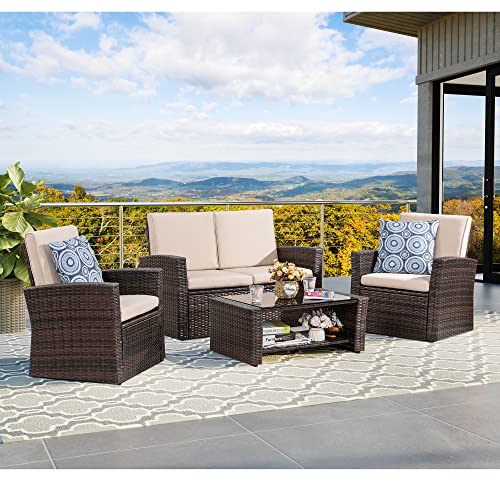 Brown Rattan 4-Piece Outdoor Patio Furniture Set