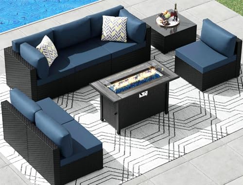Aegean Blue 8-Piece Black Wicker Patio Furniture with Fire Pit Table