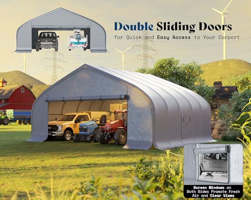 AMERLIFE Silver Gray 22.5 x 20 FT Heavy Duty Carport with Roll-Up Doors & Mesh Windows