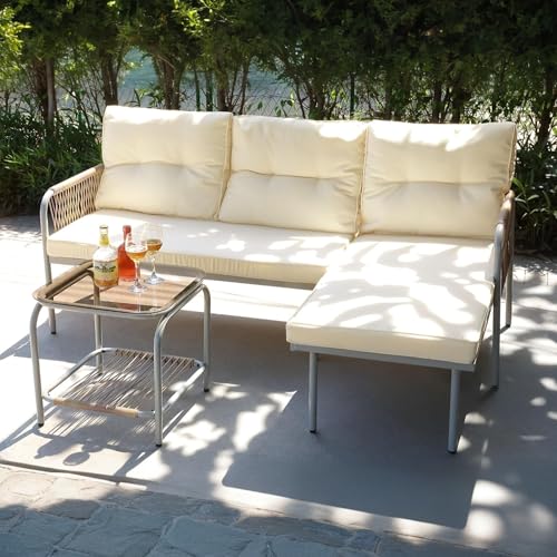 YITAHOME Beige 3-Piece Outdoor Wicker Patio Set with Cushions & Coffee Table