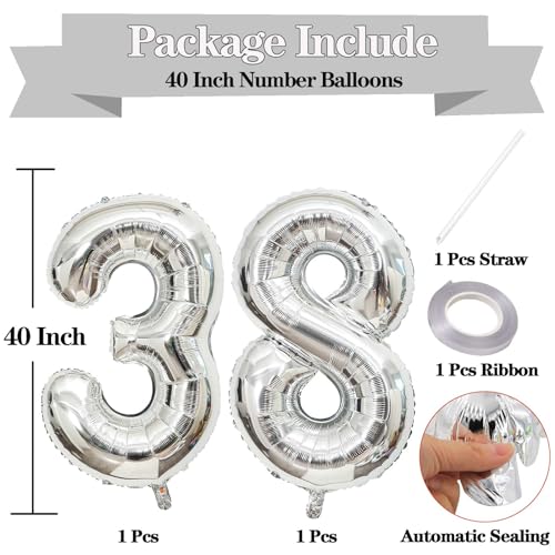 Large Silver Number 38 Balloons for Women's 38th Birthday Party and Anniversary Events