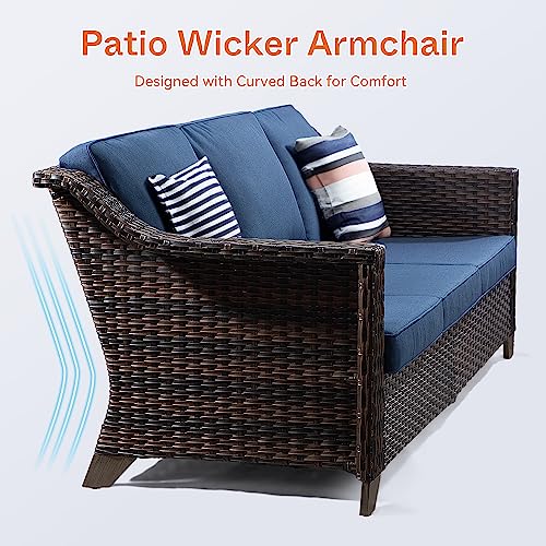 Premium Brown/Navy Outdoor Rattan Wicker 3-Seat Sofa