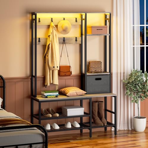 BRYOLE 5-in-1 Entryway Hall Tree with LED Lights, Shoe Storage, and Coat Hooks - Grey