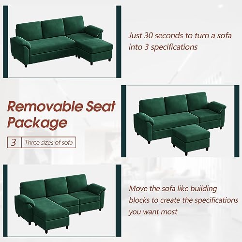 Vongrasig 79 Green L-Shaped Convertible Sofa, 3-Seater with Removable Pillows