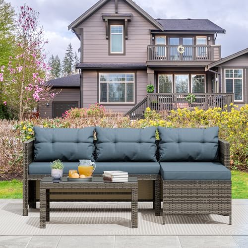 BRYOLE 3-Piece Outdoor Patio Furniture Set: Wicker Sectional Sofa with Cushions & Glass Coffee Table