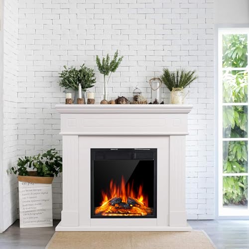Ivory White Electric Fireplace Mantel with Remote Control and Adjustable Flame