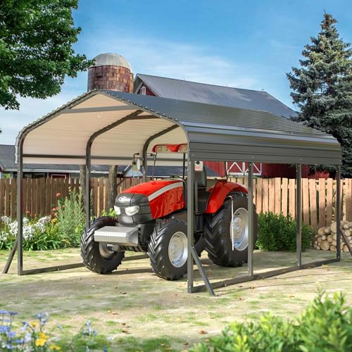 10x15 FT Metal Carport with Reinforced Base for Vehicles, Boats, and Tractors