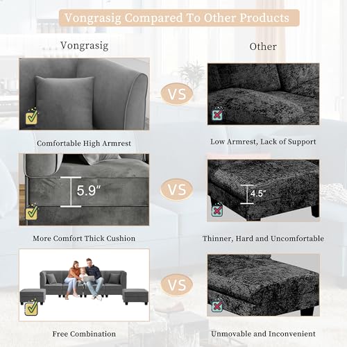 Vongrasig Grey U-Shaped Velvet Couch with Reversible Chaise and Ottoman