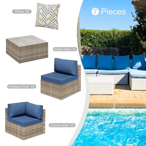 7 Piece Outdoor Patio Furniture Set with Blue Rattan Wicker, Sectional Sofa and Table