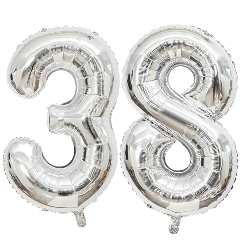 40 Inch Jumbo Silver Number 38 Balloons for Women's 38th Birthday Party and Anniversary Decorations