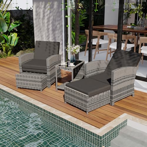 Grey Outdoor Patio Furniture Set: Chairs, Ottomans & Coffee Table
