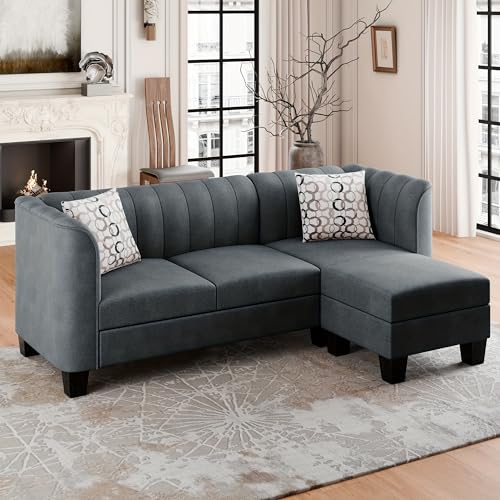 Vongrasig 79” Reversible L-Shaped Sectional Sofa with Ottoman, Modern Light Grey 3-Seat Couch for Living Room and Office