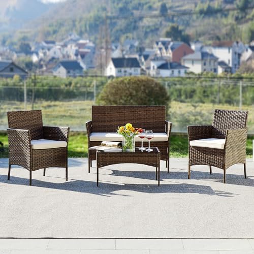 DUMOS Brown and Beige 4-Piece Rattan Furniture Set with Coffee Table