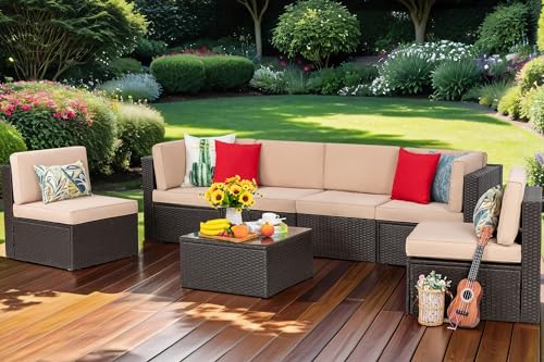 BRYOLE 7-Piece Outdoor Rattan Sofa Set with Cushions and Glass Table