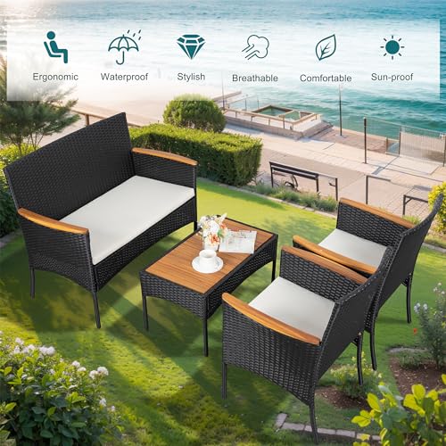 Black/Beige 4-Piece Patio Conversation Set with Cushions