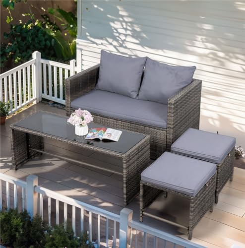 BRYOLE Grey Outdoor Loveseat Patio Set with Ottoman and Coffee Table
