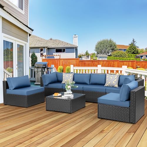 BRYOLE 7-Piece Black Wicker Outdoor Sectional Set with Aegean Blue Cushions and Tea Table