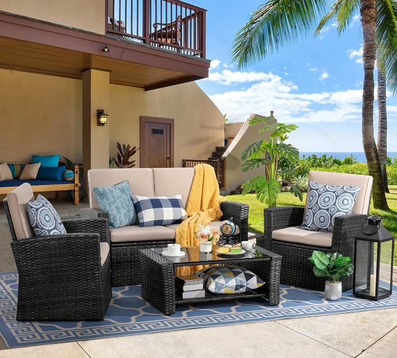 BRYOLE 4-Piece Outdoor Wicker Rattan Sofa Set with Glass Table for Garden and Porch