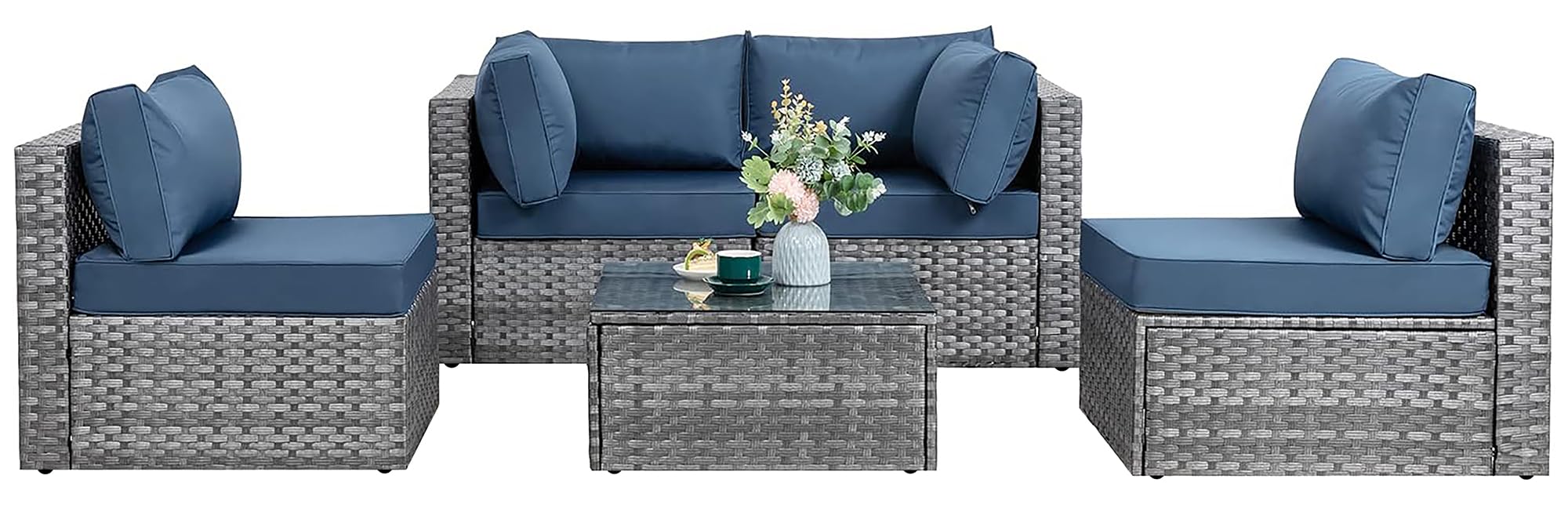 BRYOLE Aegean Blue 5-Piece Wicker Patio Furniture Set