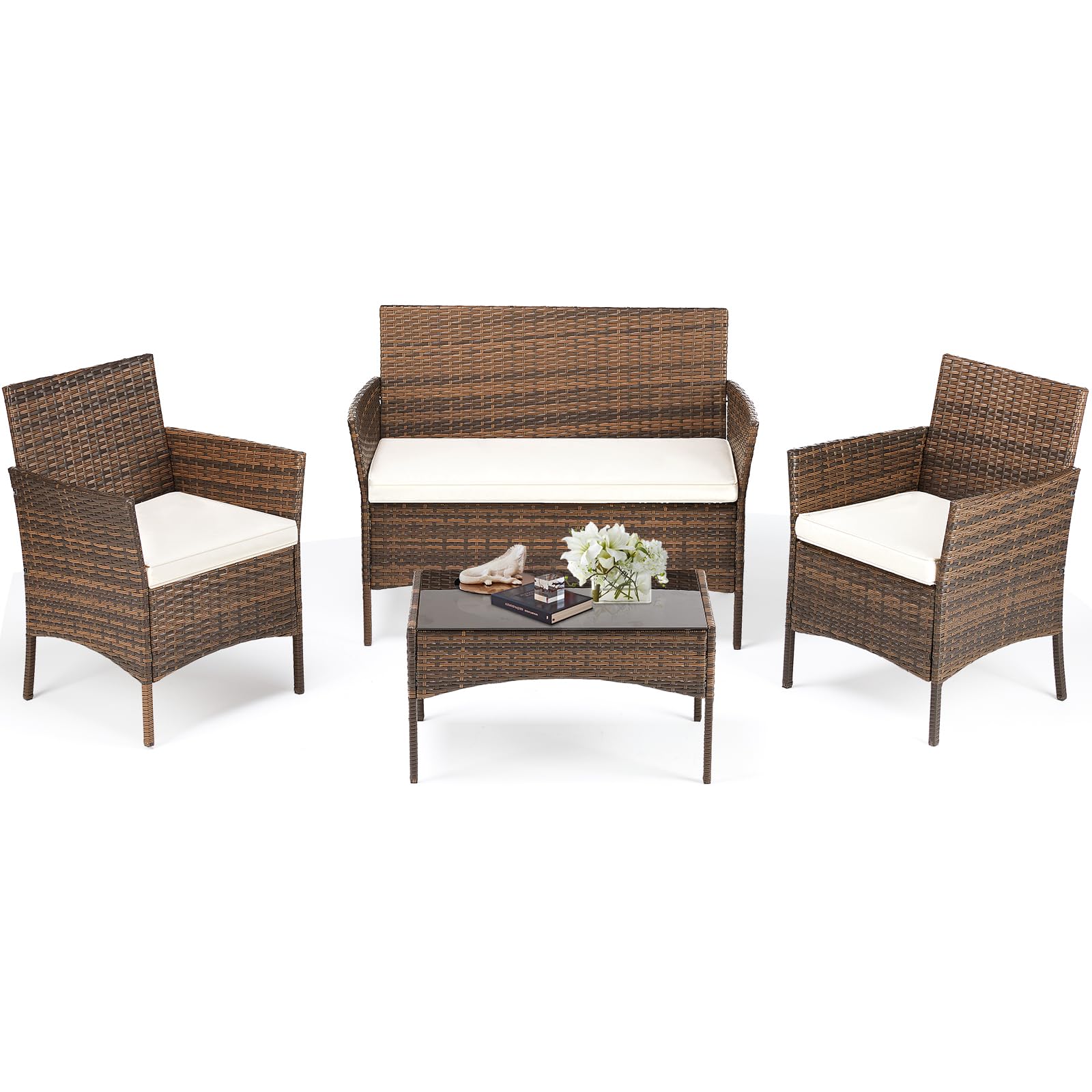 DUMOS Brown and Beige 4-Piece Rattan Furniture Set with Coffee Table