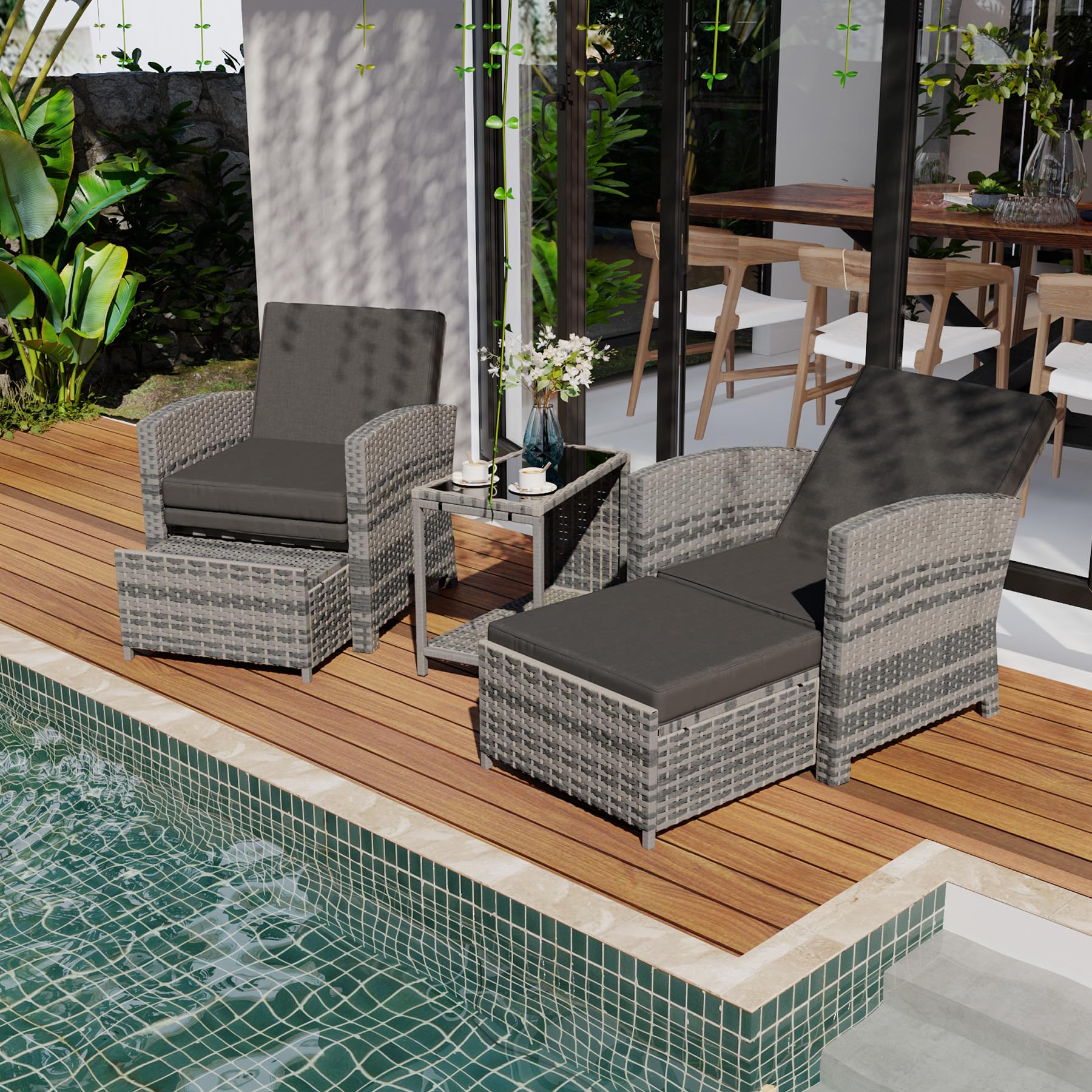 Grey Outdoor Patio Furniture Set: Chairs, Ottomans & Coffee Table