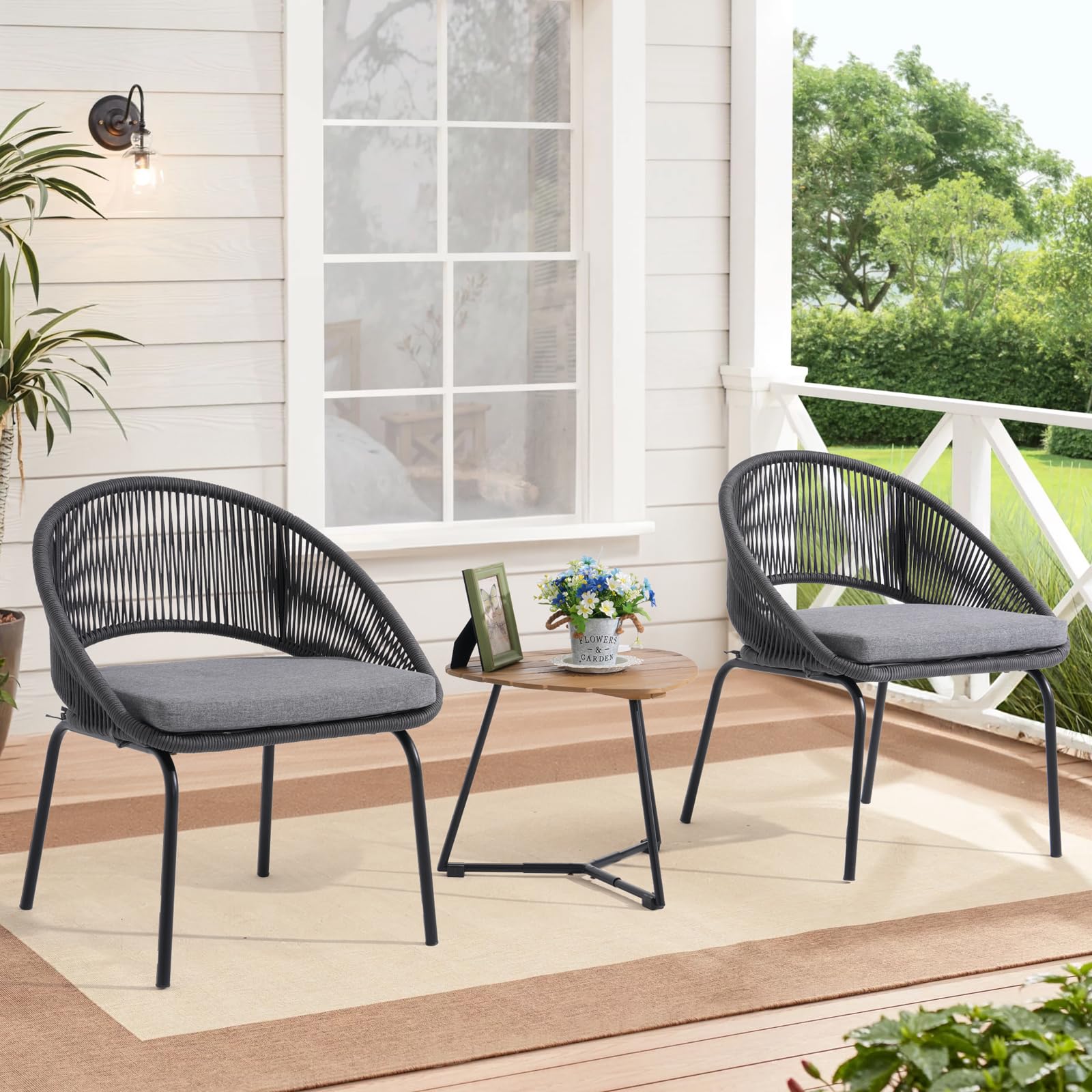 Yangming 3-Piece Outdoor Bistro Set: Woven Rope Chairs & Wood Table