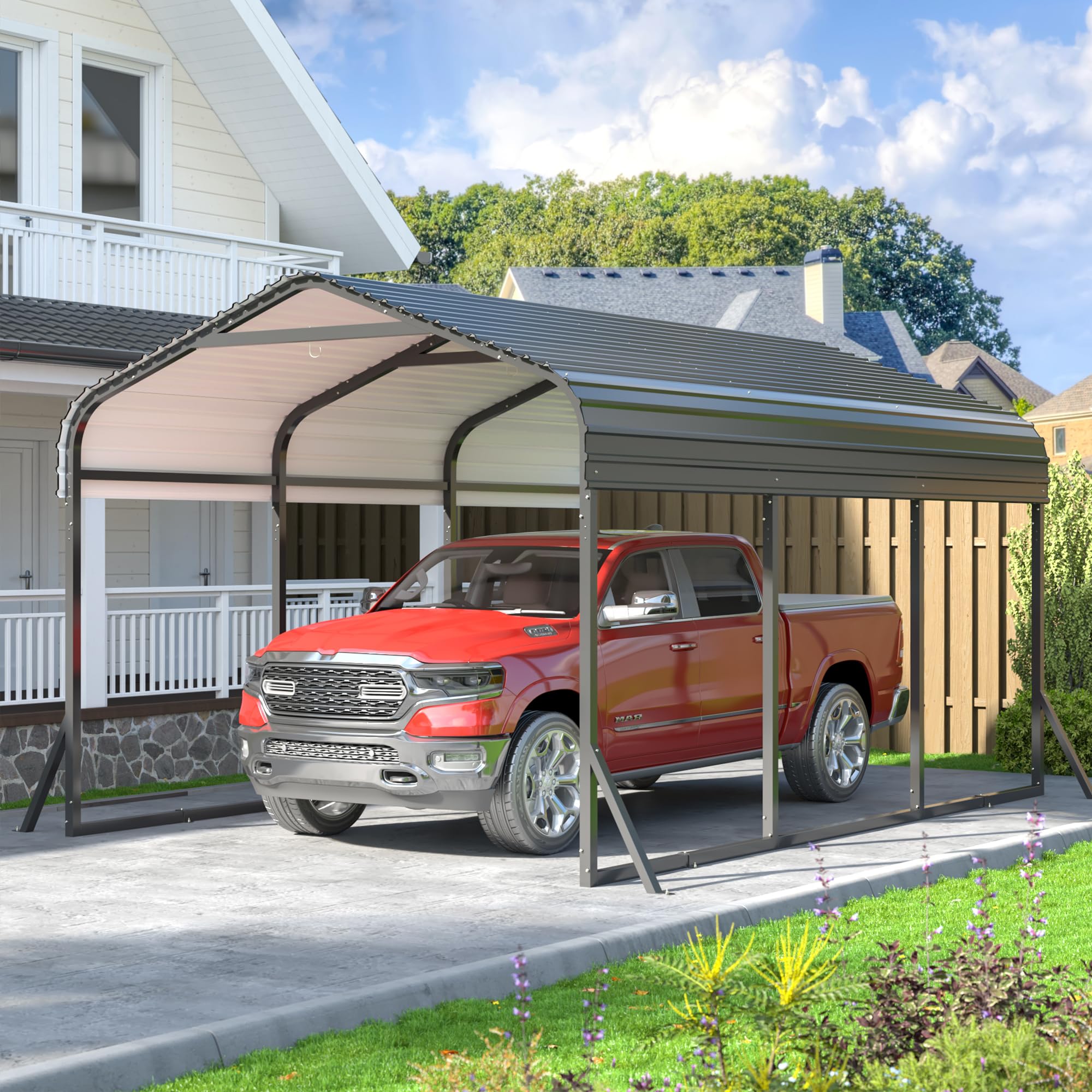 10x15 FT Metal Carport with Reinforced Base for Vehicles, Boats, and Tractors