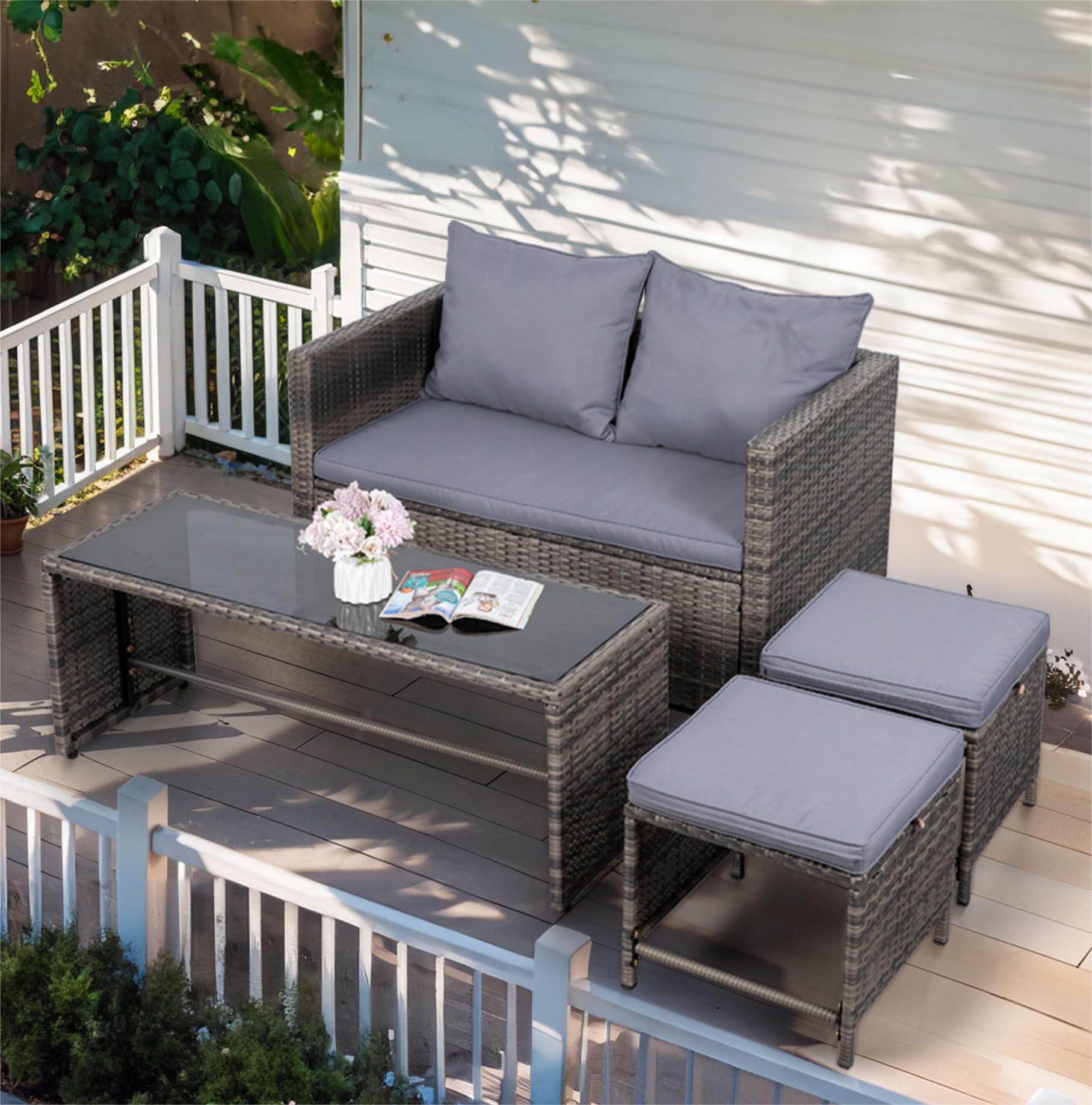 BRYOLE Grey Outdoor Loveseat Patio Set with Ottoman and Coffee Table