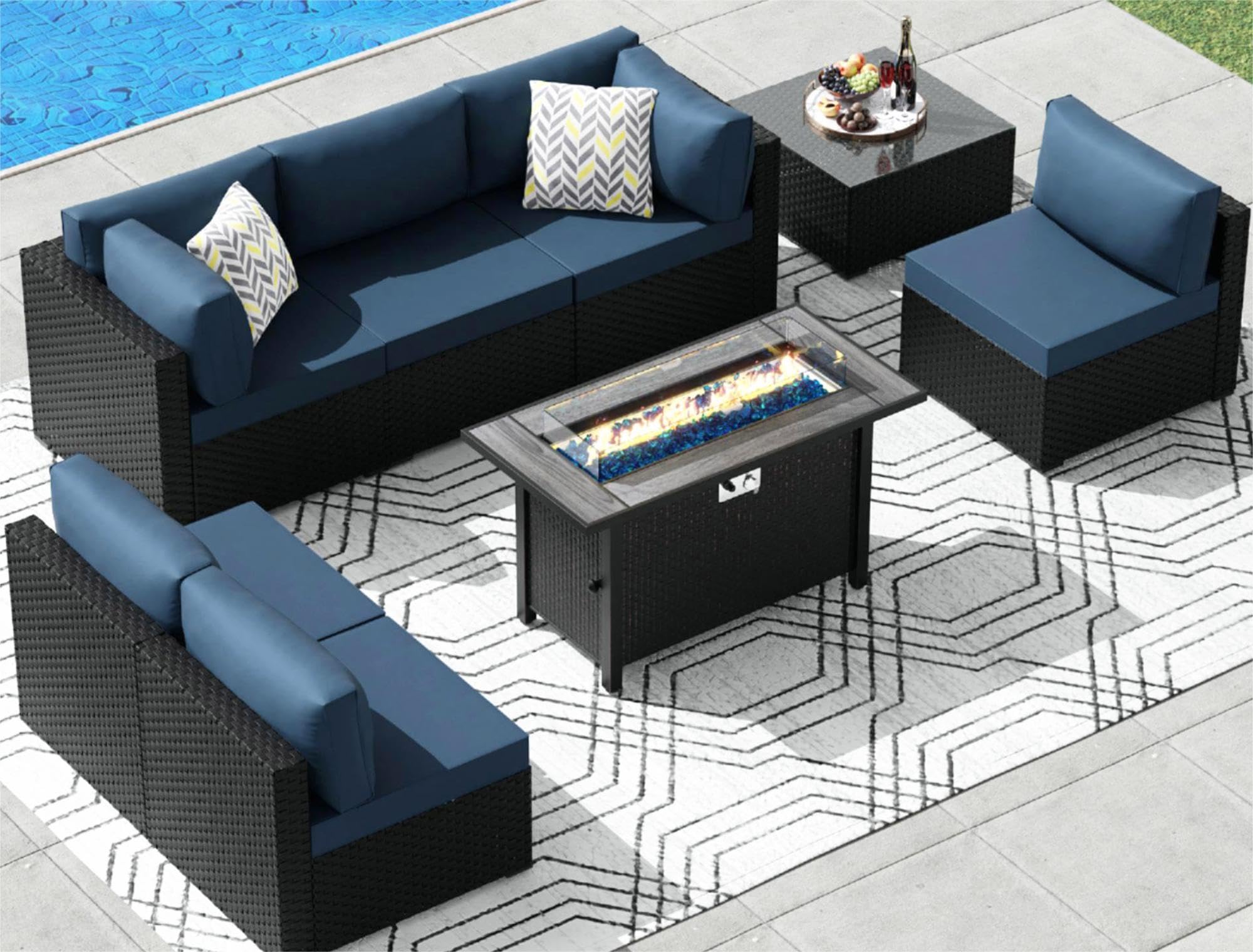 Aegean Blue 8-Piece Black Wicker Patio Furniture with Fire Pit Table