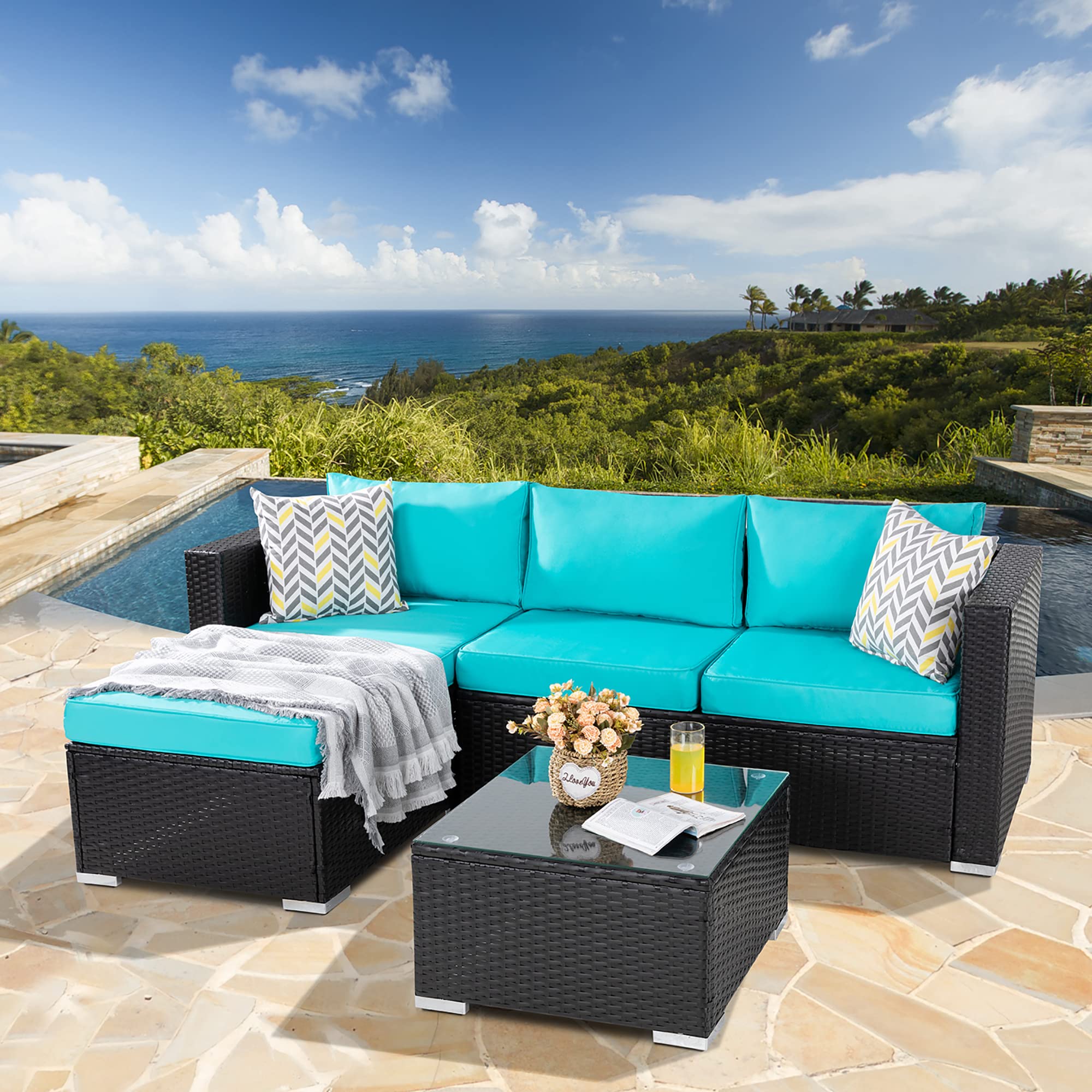 BRYOLE All-Weather Outdoor Sectional Sofa Set with Tea Table (Black/Blue)