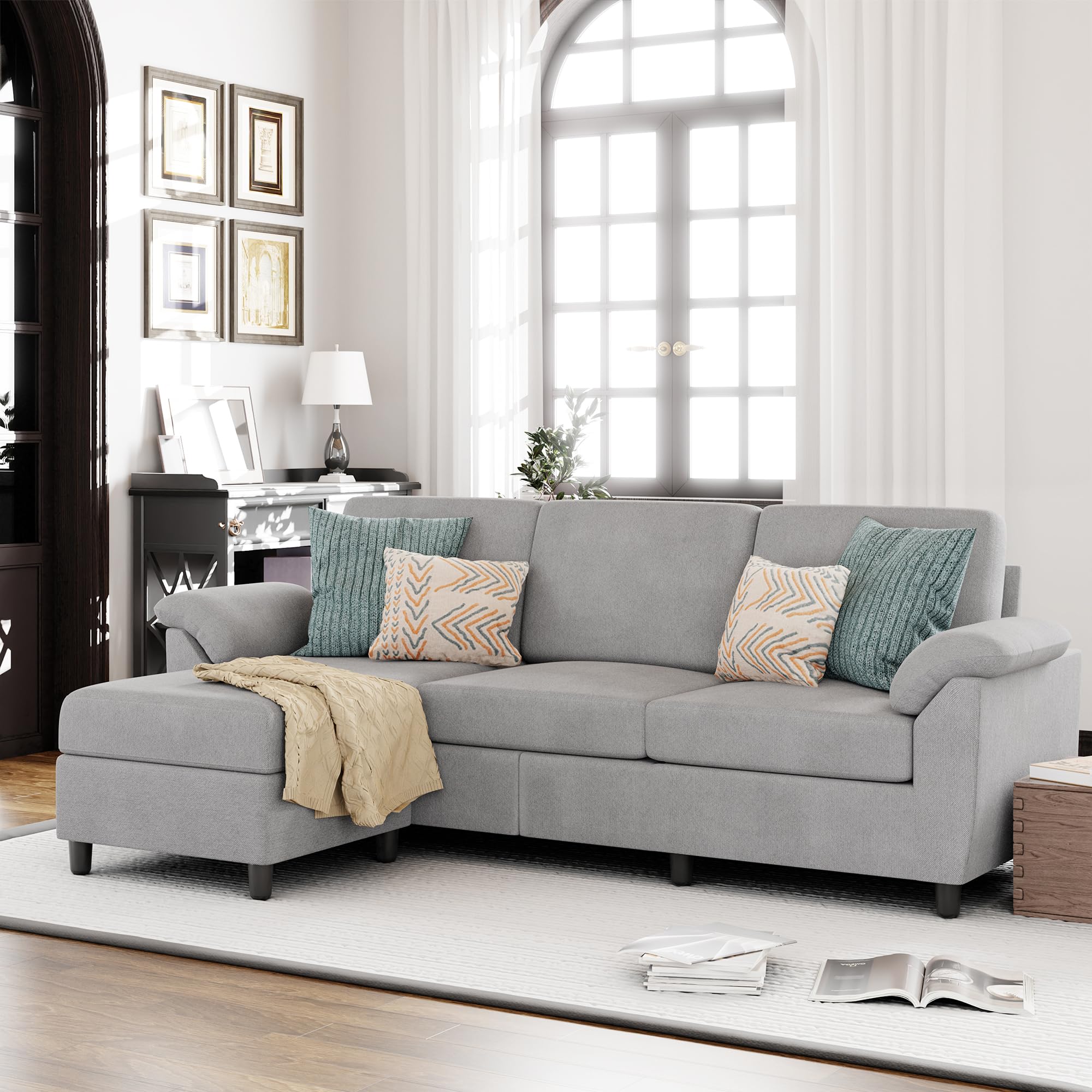 Mid Century 79 Convertible Sectional Sofa Couch for Living Room, Apartment, and Office (Light Grey)