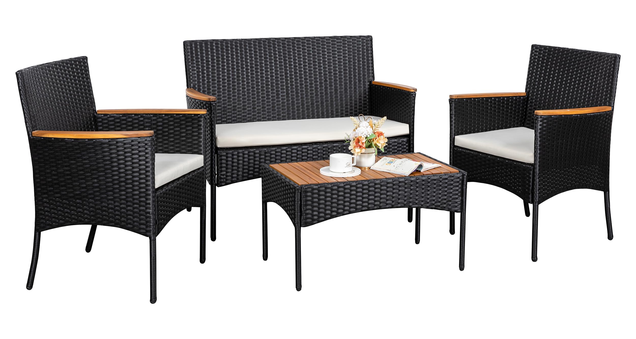 Black/Beige 4-Piece Patio Conversation Set with Cushions