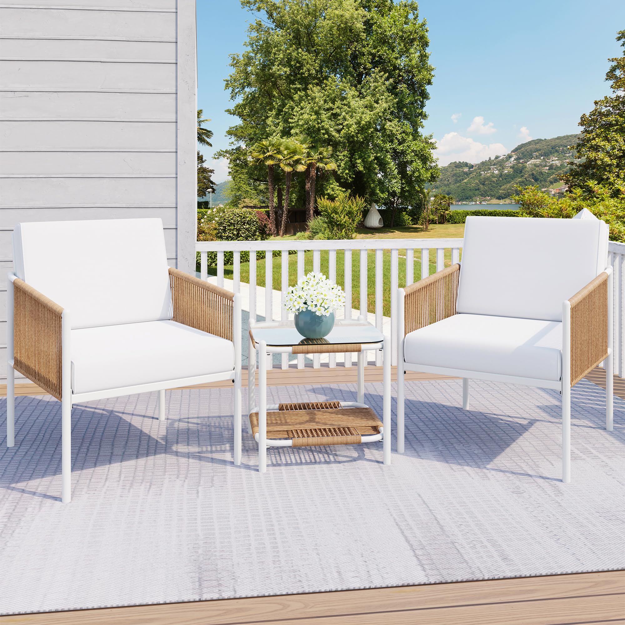 BRYOLE 3-Piece Rattan Patio Set with Cushions & Glass Table