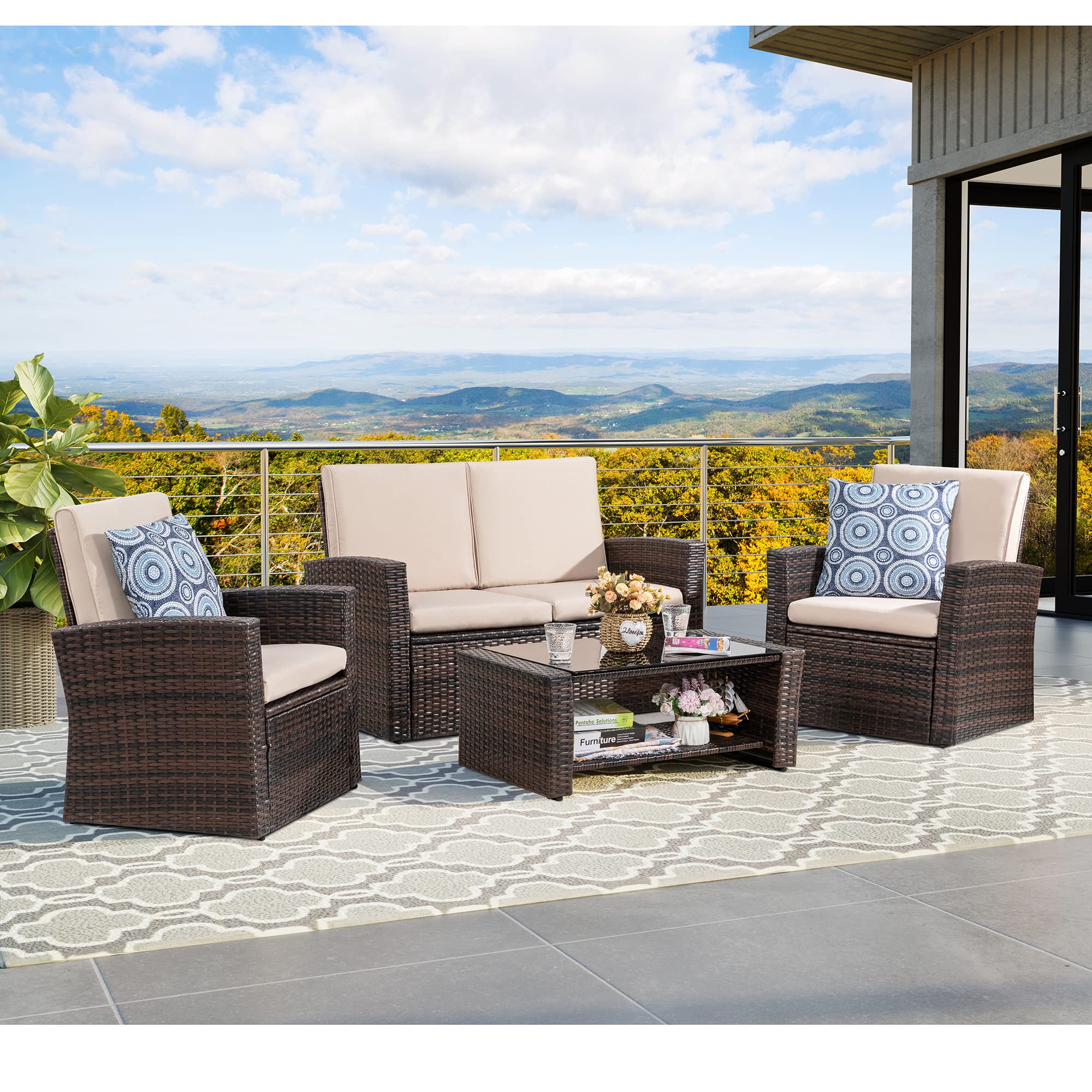 Brown Rattan 4-Piece Outdoor Patio Furniture Set