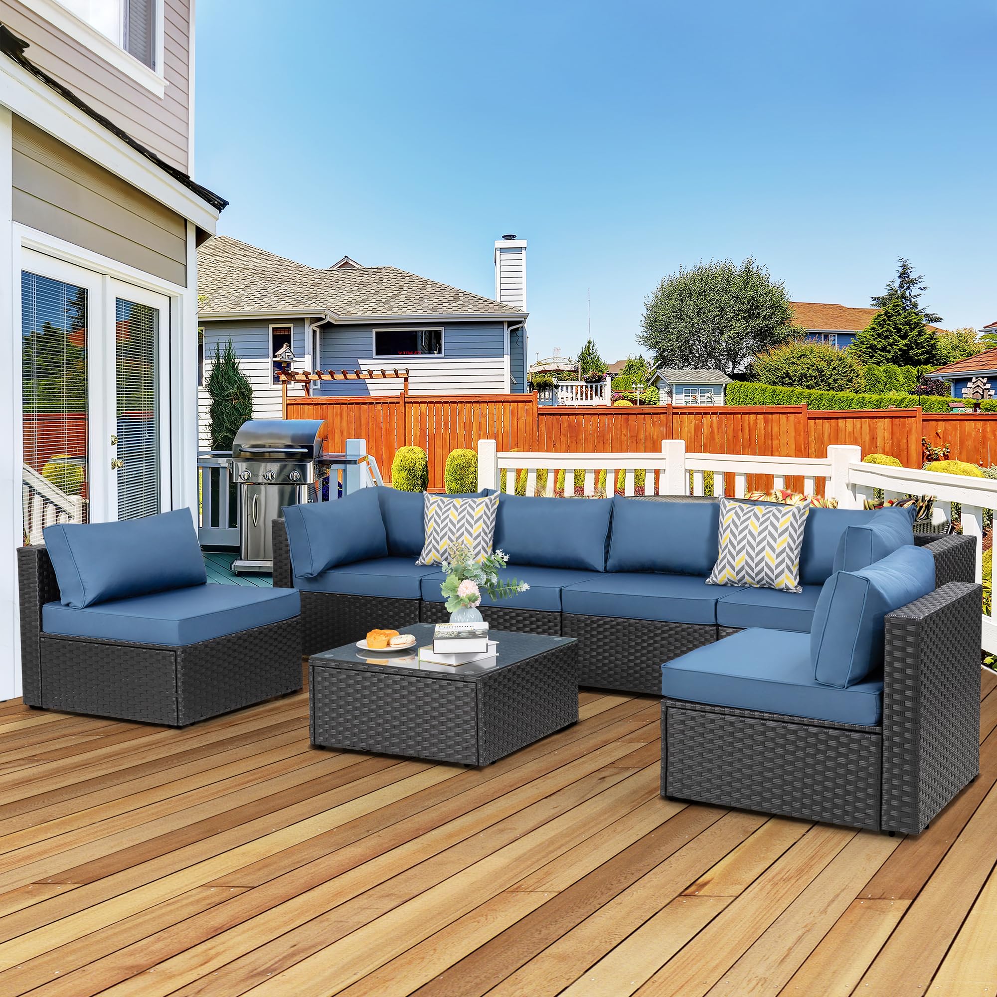 BRYOLE 7-Piece Black Wicker Outdoor Sectional Set with Aegean Blue Cushions and Tea Table