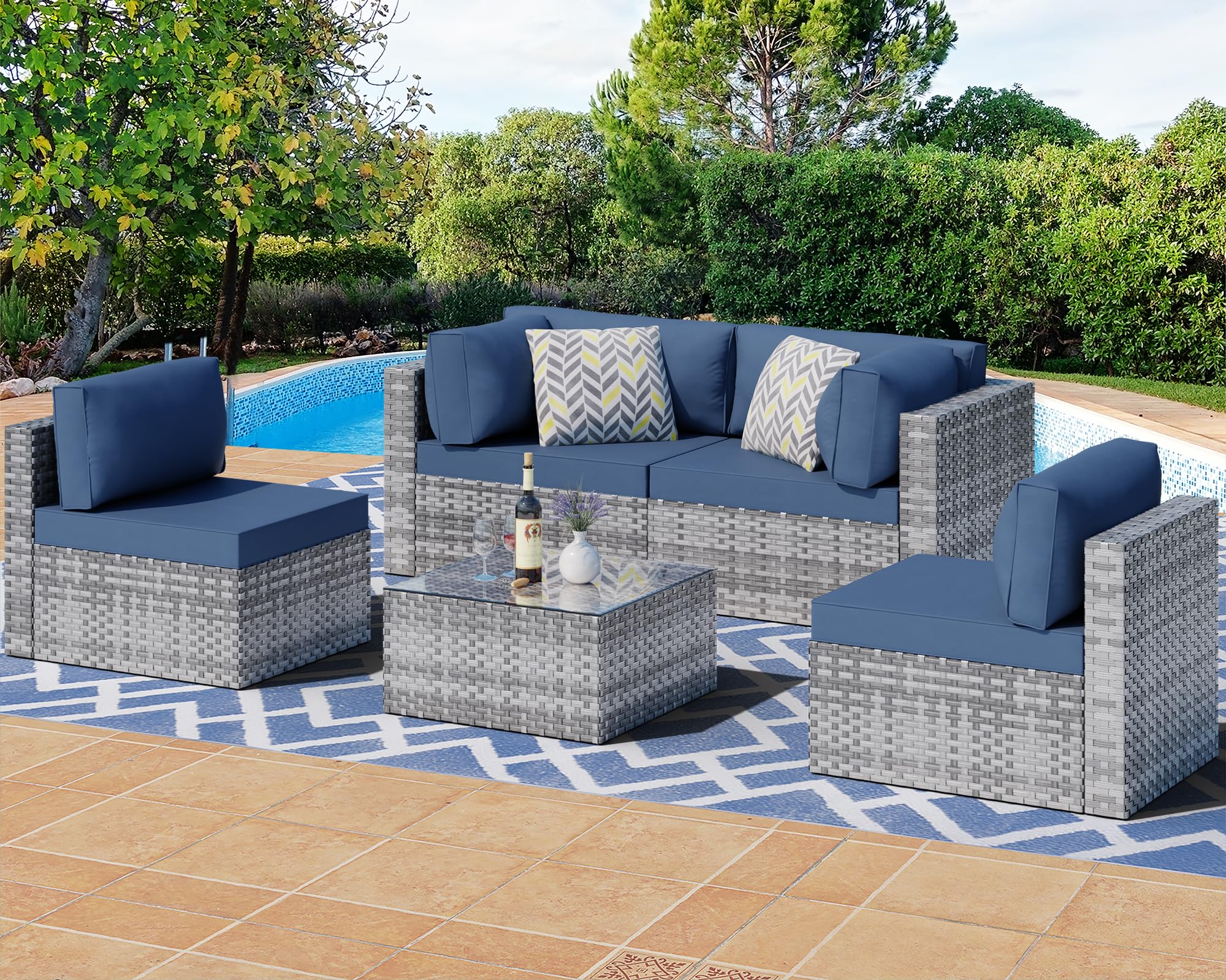 Silver Gray Outdoor Patio Sectional Sofa Set with Washable Cushions & Glass Table